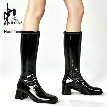 New Spring Autumn Wine Red Patent Leather Women Knee High Boots Block Heel 4cm Side Zipper Square Toe Pleated Ladies Boots Shoes