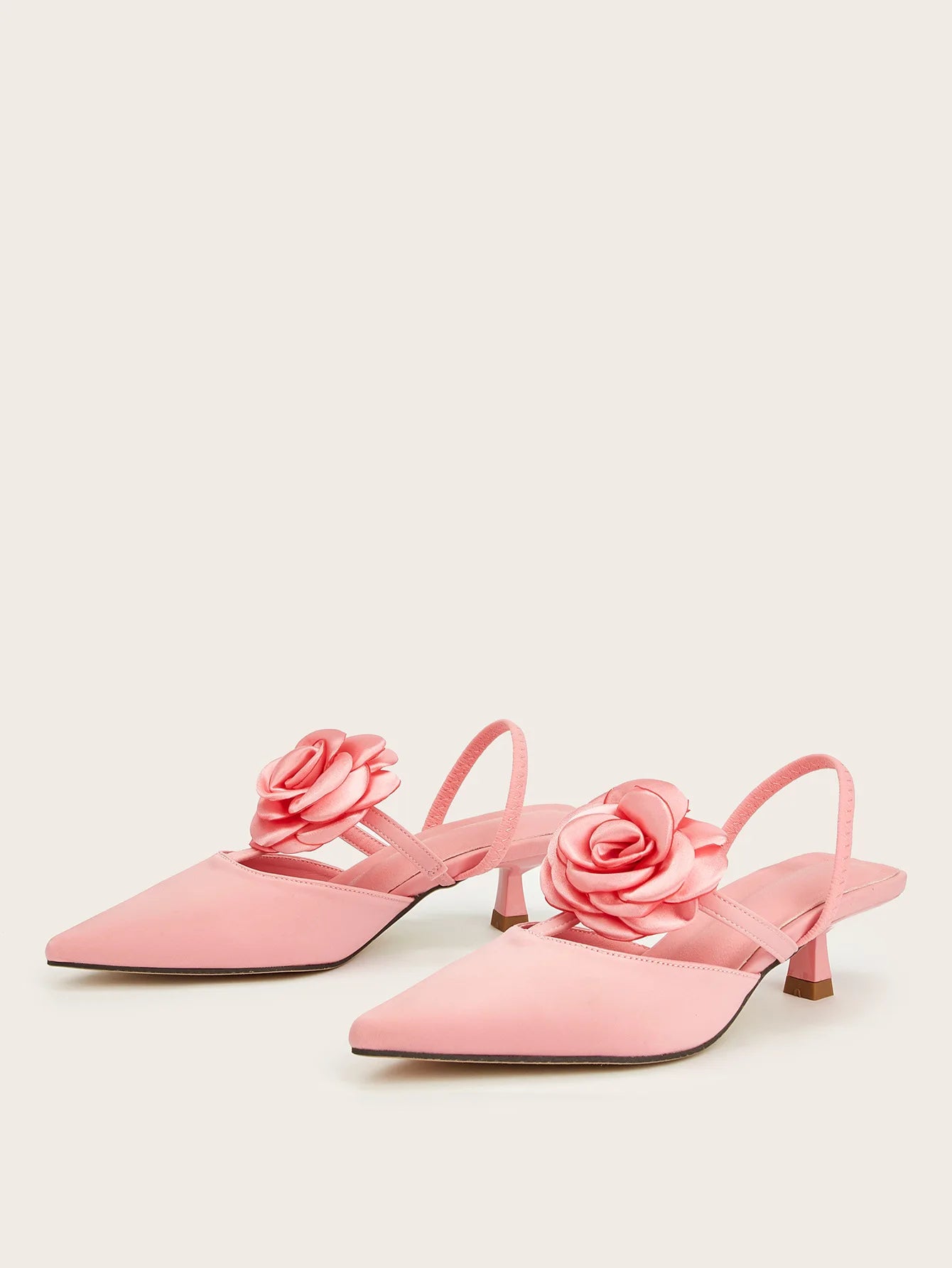 INSIGHTLINK Pink Women's Pointy Toe Kitten Heels Slingback Pumps Elegant Satin Sandal Rose Flower Office Shoes Luxury Stilettos