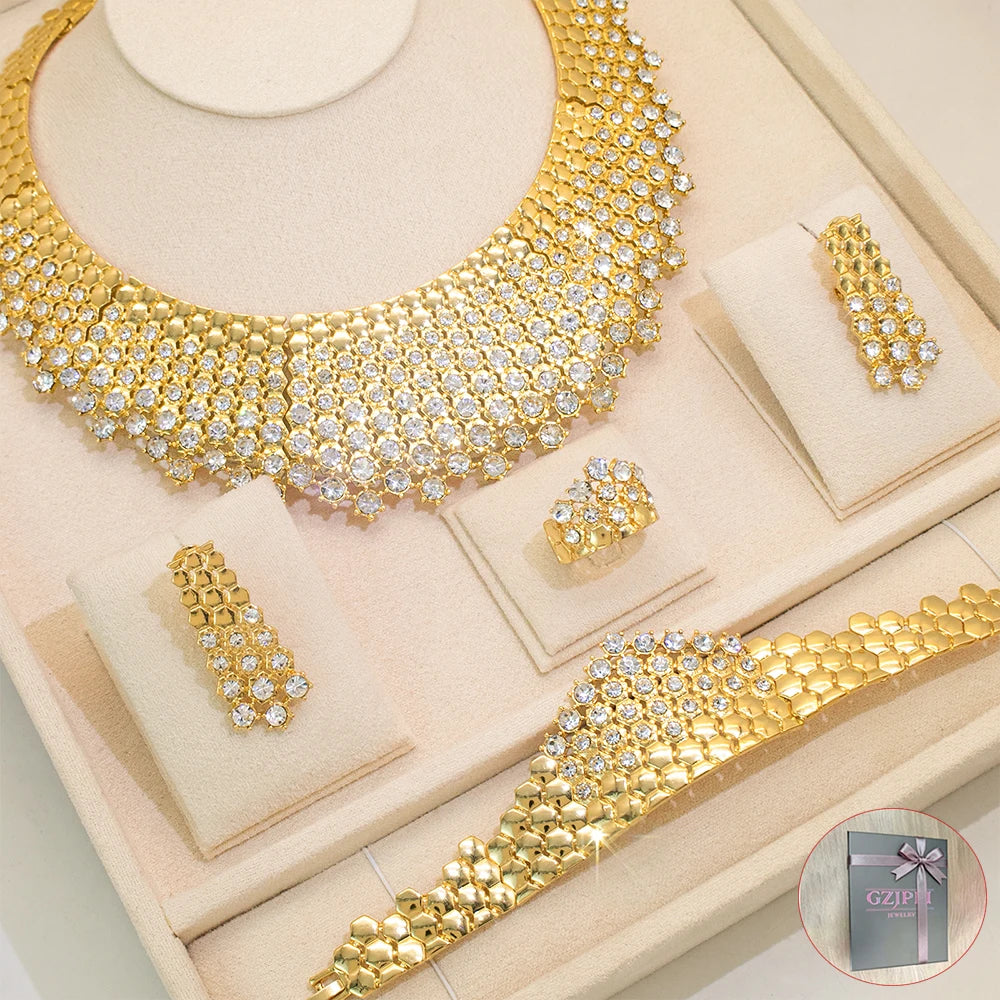 GZJPEI Shiny White Zircon Jewelry Set For Women Italy Nigeria Wedding Jewellery 18K Gold Plated Mother's Day Gift On Sale ﻿