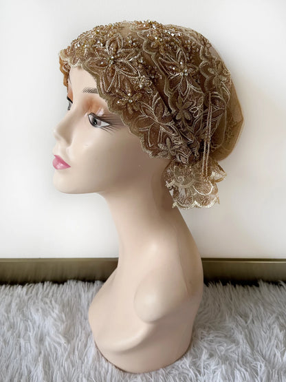 High Quality Lace handcrafted Beaded Turban Hat Female Head Wraps Caps Muslim Women Headscarf Bonnet Ready to Wear Inner Hijabs
