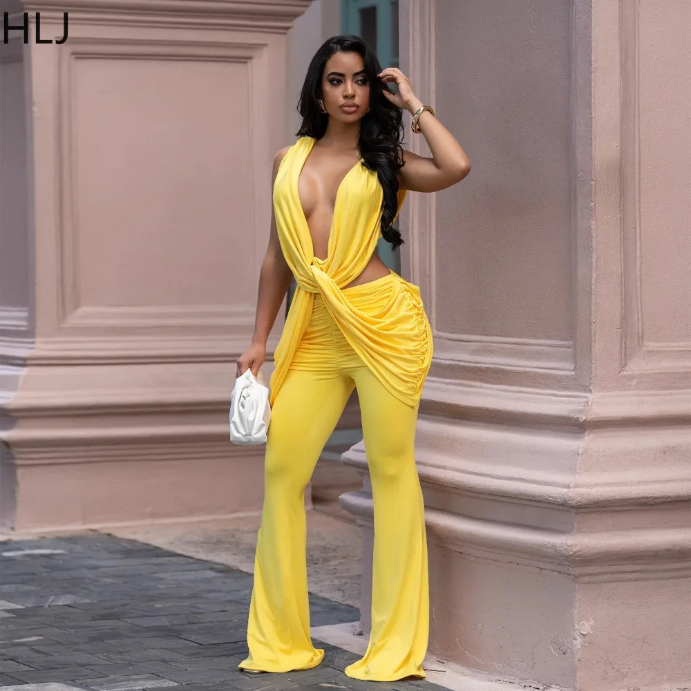 HLJ Sexy Solid Color Bodycon Jumpsuits Women Halter Deep V Neck High Waist Ruched Flare Rompers Party Club Streetwear Overalls