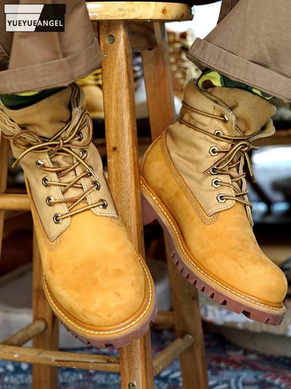 Casual Men Ankle Boots Lace Up Round Toe Cow Suede Leather Patchwork Canvas High Top Shoes Workwear Boots Hard Wearing Footwear