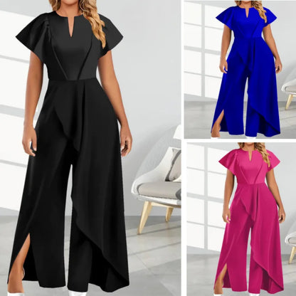 2025 Summer New Elegant Slit Irregular Wide Leg Jumpsuits Women Temperament Commuter Retro Rompers Ladies Skew Collar Jumpsuit