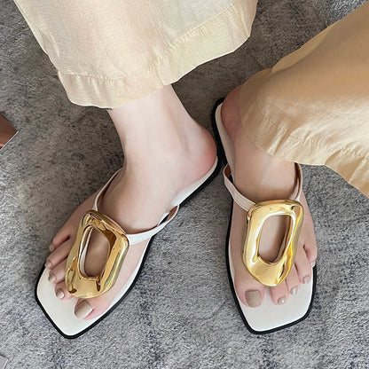 New In 2025 Luxury Women Slippers Summer Beach Fashion Metal Flip Flops Female Slides Slippers Ladies Flats Sandals Shoes