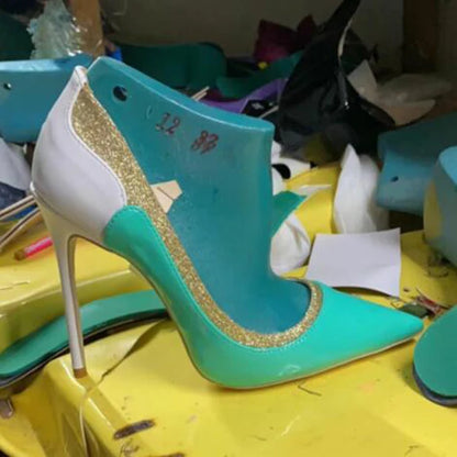 Mint Blue Red Patchwork Glitter Mixed Color Pumps Patent Leather Pointed Toe 12cm Stiletto Heels Wedding Shoes Women