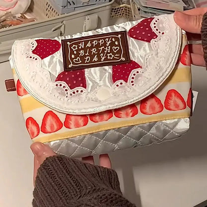 Kawaii Fashion Patchwork Strawberry Handbag Unique Cake Bag for Women Luxury Tote Purse for Gift Birthday or Party
