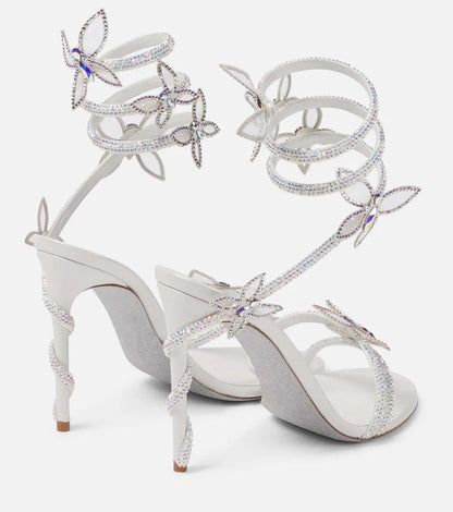 Luxury Crystal Embellished Butterfly Detail Women Sandals Sexy Coiled Strap Thin High heels Gladiator sandals Summer Party Shoes