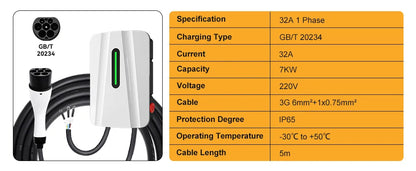 JDMEX 7KW EV Charging Station Type1 Type2 GBT 32A 1Phase Electric Vehicle Charger IP55 5M EVSE LED Wallbox Charger With Holder