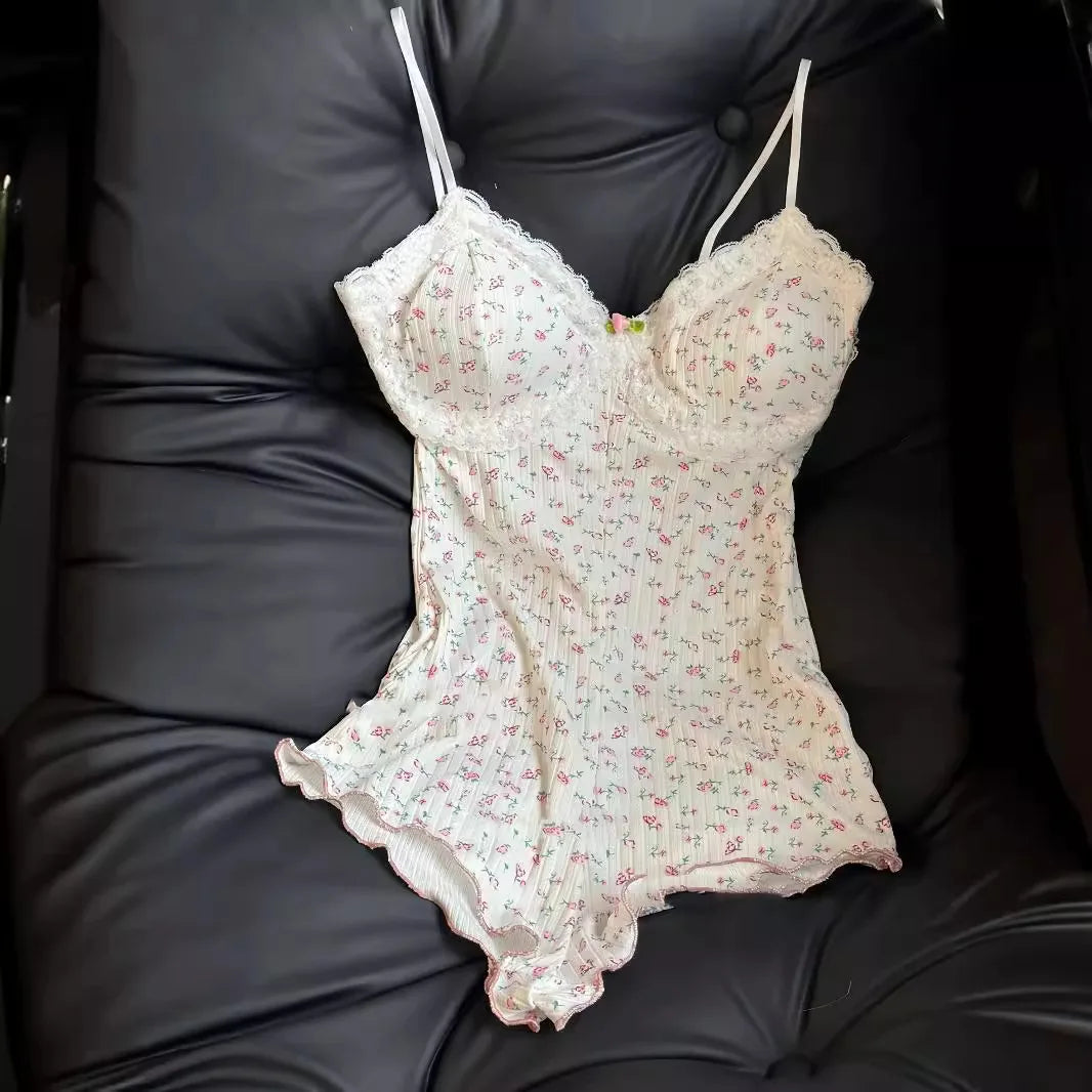 Summer Onesies Women Sexy Floral Print Bodysuit Lace Trim Sleeveless Slim Fit Jumpsuit Romper Underwear Nightwear Lingerie