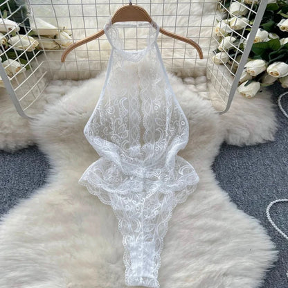 Cute Sweet Trend Cartoon Printed Jumpsuit Half High Collar Sleeveless Slim Fit Lingerie Bodycon Bodysuit Rompers Pajama Catsuits