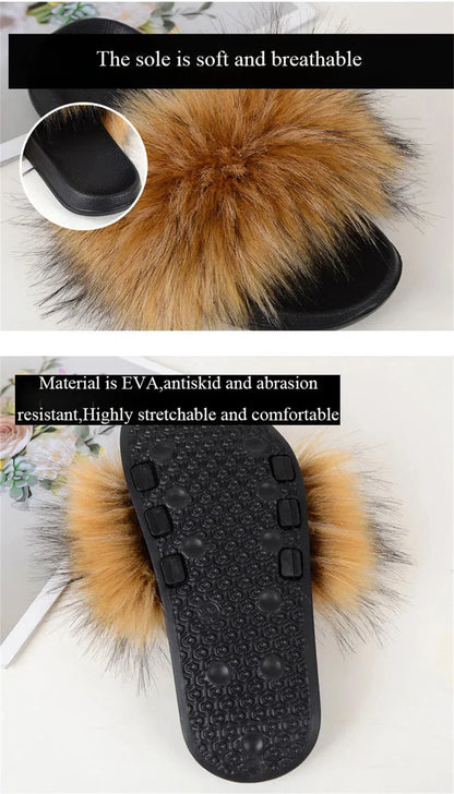 Women's Summer Faux Fur Fox Fur Slippers Fashion Luxury Indoor and Outdoor Non-Slip Solid Color Flat Bottom Furry Sandals