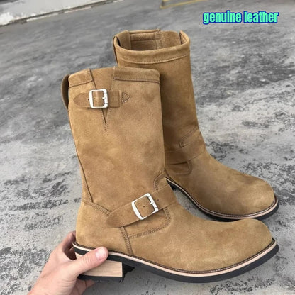 New Men'S PU Leather Boots Men'S Leather Round Middle Top Boots Flat Bottomed Boots Men'S Retro Trendy Leather Shoes