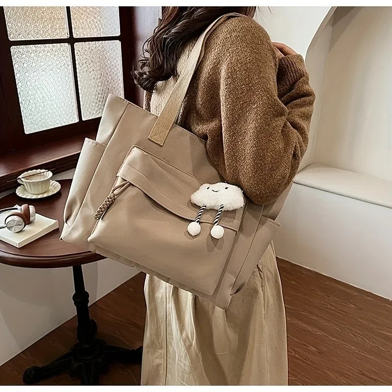 Multi Compartment, Zipper Closure, Women's Bags Large Capacity Japanese Style Tote Bag, Cute Plush Fixed Strap, Casual Elegance