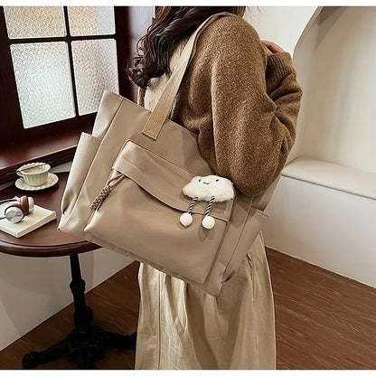 Multi Compartment, Zipper Closure, Women's Bags Large Capacity Japanese Style Tote Bag, Cute Plush Fixed Strap, Casual Elegance