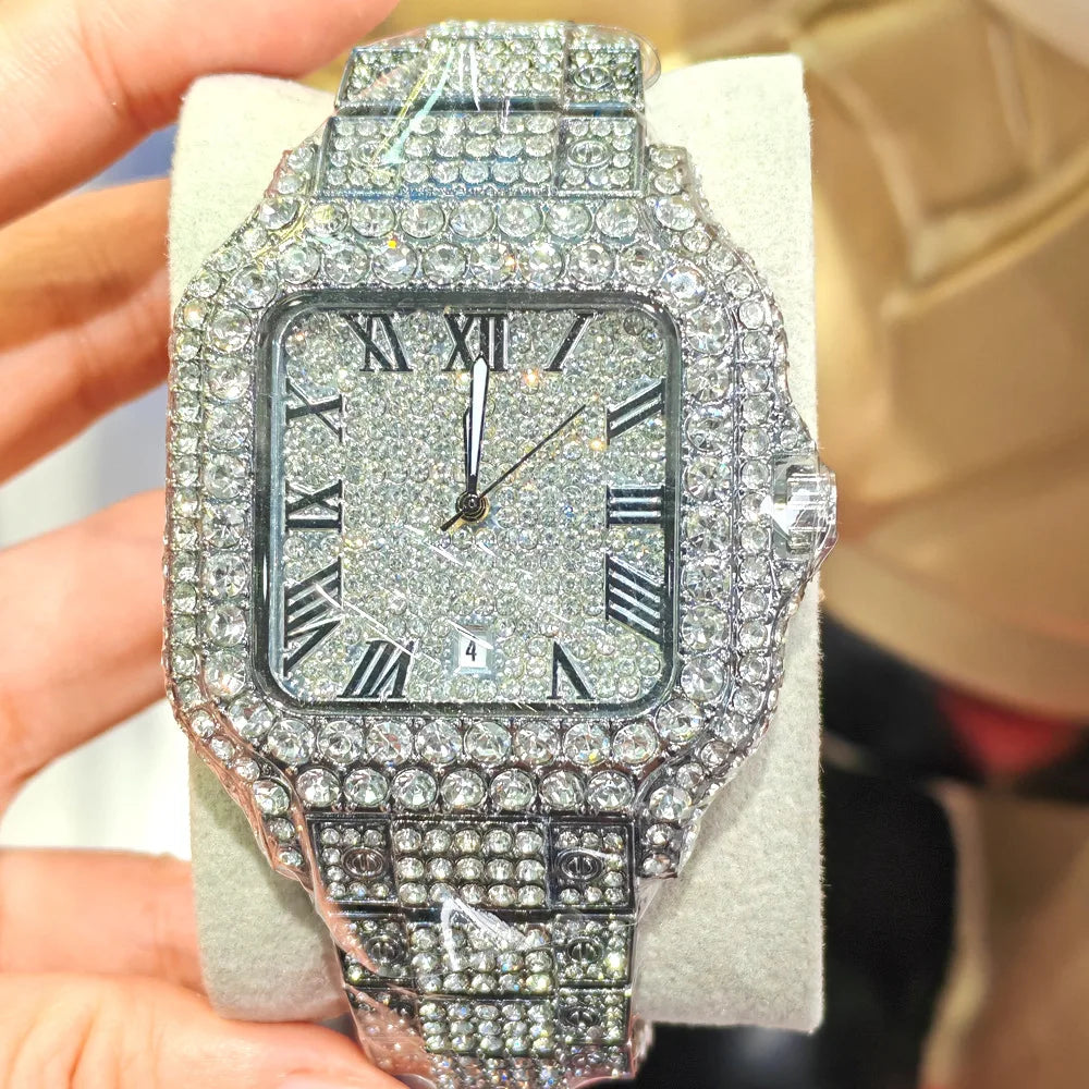 Classic Blue Black Iced Out Quartz Watch Men Full Diamond Watch Male Sliver Vintage Square Shaped Hip Hop Man AAA Clock Reloj