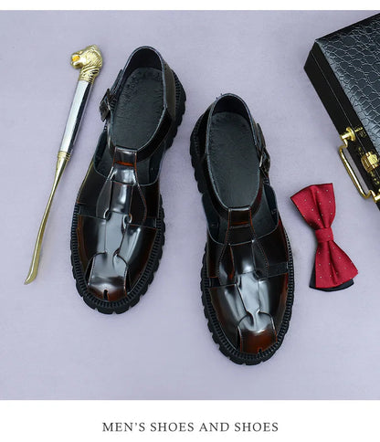 4.5Cm Thick Sole Heightening Sandals Men's Glossy Cowhide Buckle Business Casual British Genuine Leather Summer Sandals for Men