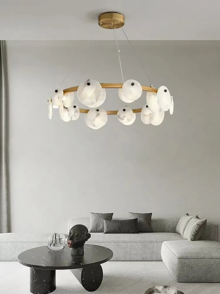 2026 Natural Marble Pieces LED Chandelier Lustre Alabaster Pendant Light Suspension Luminaire Lampen For Foyer Dinning Room