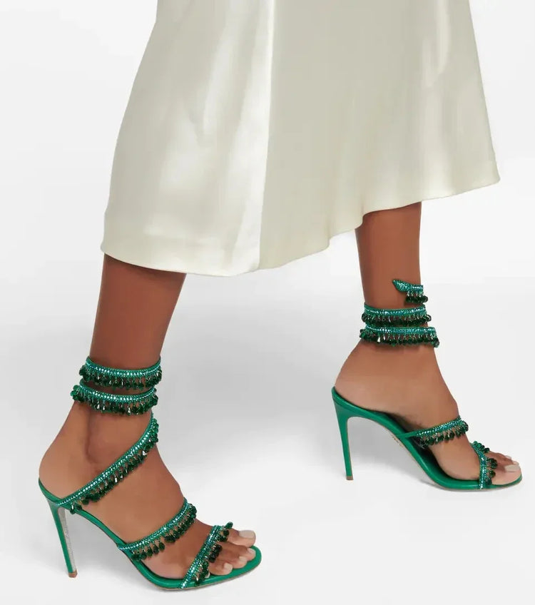 2026Women's New Water Diamond Sandals Fashion Tassel Crystal Shoes Sexy Banquet Party Twin Stiletto Women's Large Sandals