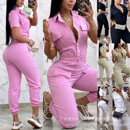 Short Sleeve Pocket Design Cuffed Cargo Jumpsuit Women Summer Solid Color Playsuits Jumpsuits Pants High Waist