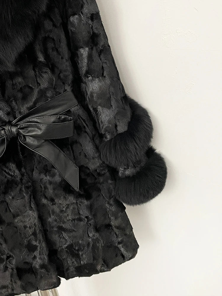 OFTBUY New Winter Thickened Warm Clothes Female Mid-length Leather Belt Real Mink Fur Coat Women Black Natural Fox Fur Jacket