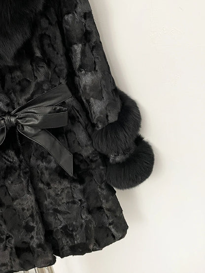 OFTBUY New Winter Thickened Warm Clothes Female Mid-length Leather Belt Real Mink Fur Coat Women Black Natural Fox Fur Jacket