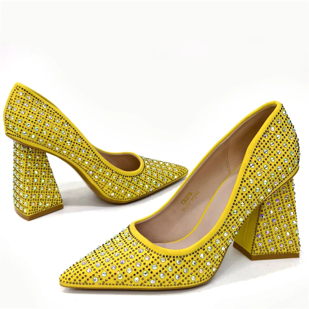 Venus Chan-Nigerian Heel Party for Women Yellow Shoes and Bag Set Rhinestone Handbag Italian Design Wedding INS 2024