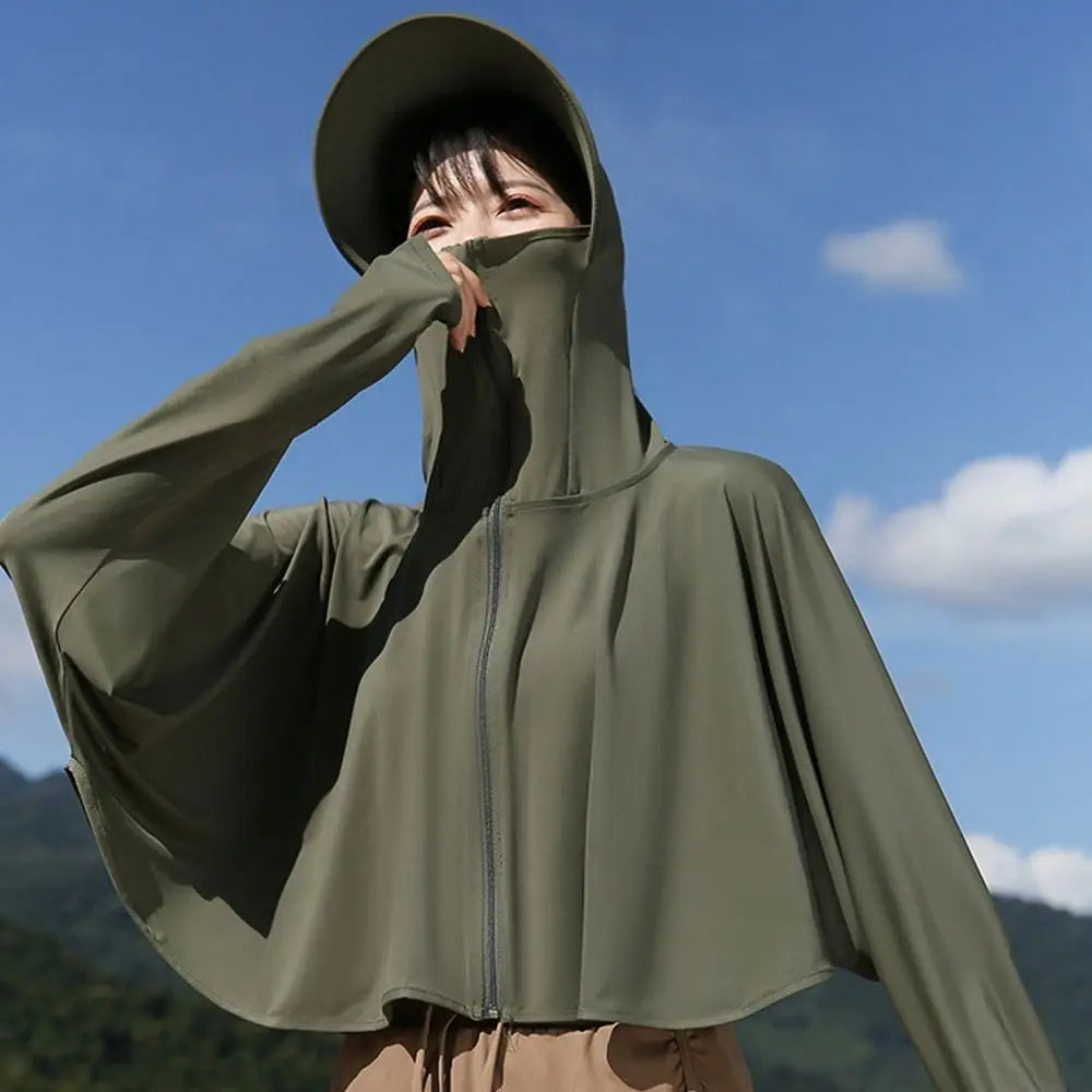 Solid Color Sunscreen Hoodie Long Sleeve Large Brim Hat Summer Sunscreen Shawl Thin Arm Sleeves Ice Silk Short Jacket Running