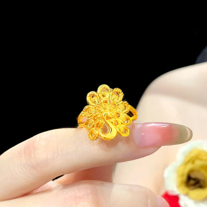Luxury 24K 9999 Pure Gold real gold Hollow Peacock Ring Women's All-match Open Ring Engagement