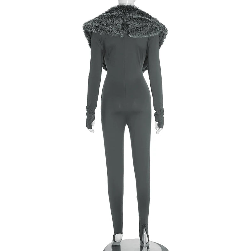 Weird Puss Furry Deep V-Neck Jumpsuits Woman Hipster Patchwork Trend Sexy Stretch Fitness Club Activity Luxury Midnight Overalls