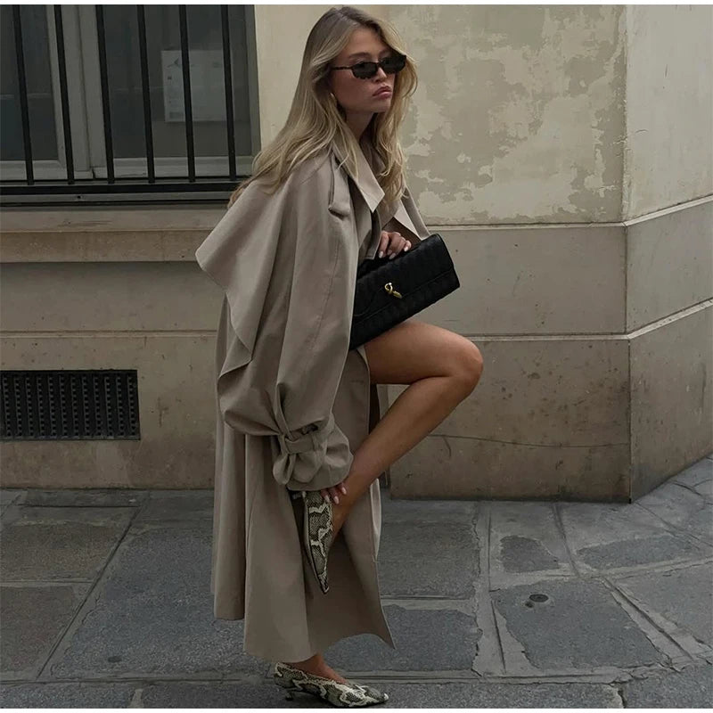 Women Black Long Solid Color Trench Coat Stand Collar Loose Drop Shoulder Single-breasted Windbreaker Lady Commute Outing Wear
