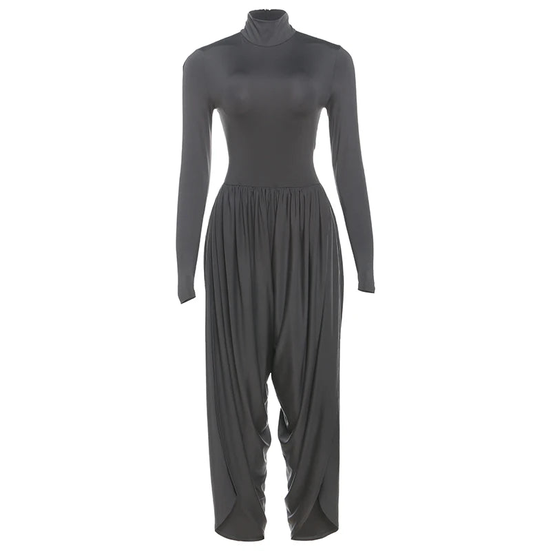 Whatiwear Casual Fashion Jumpsuits Woman Autumn Trend Turtleneck Full Sleeve Ruched Design Daily Simple Office Style Overalls