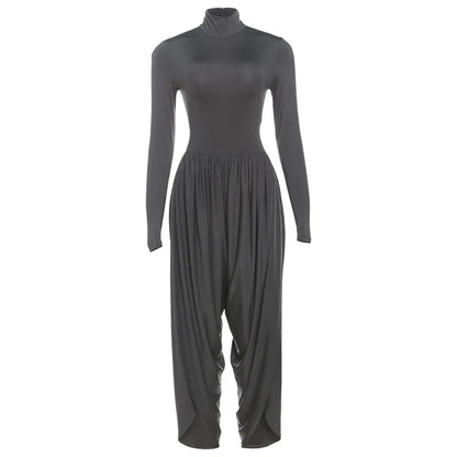 Whatiwear Casual Fashion Jumpsuits Woman Autumn Trend Turtleneck Full Sleeve Ruched Design Daily Simple Office Style Overalls