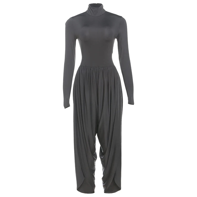 Whatiwear Casual Fashion Jumpsuits Woman Autumn Trend Turtleneck Full Sleeve Ruched Design Daily Simple Office Style Overalls