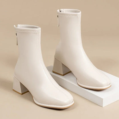 High-quality square-toe platform short boots for ladies, 2025 new fashion trend Wide heel, back zipper, large size women's boots