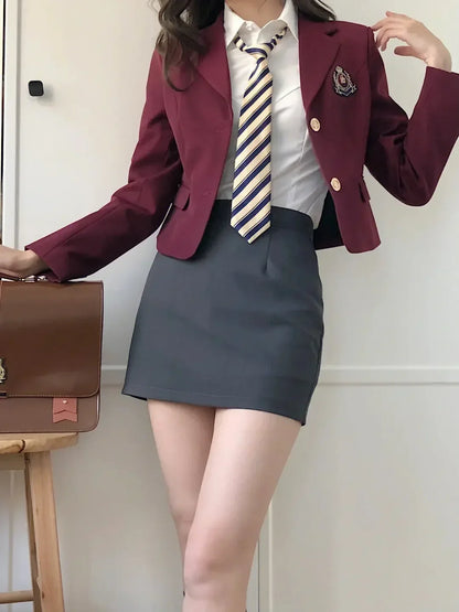 Korean Style Girls JK Uniform Suit Daily Red Blazer Coat Sexy Slim JK Wrap Buttock Skirt Women Preppy Summer School Uniform Suit