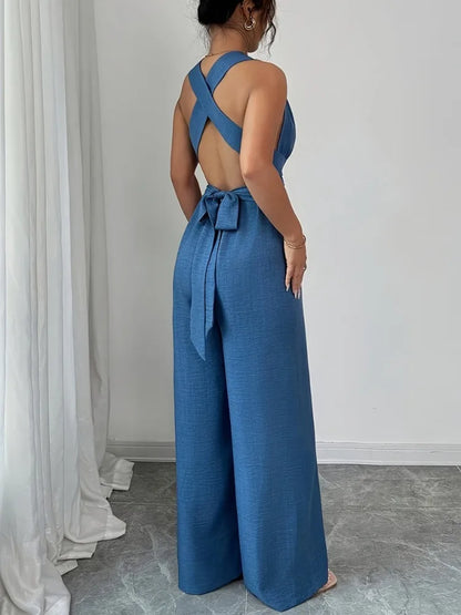 2026 New Women Wide Leg Jumpsuit Women's Jumpsuits And Rompers Halter V Neck High Waist Backless Casual Vacation Outfits