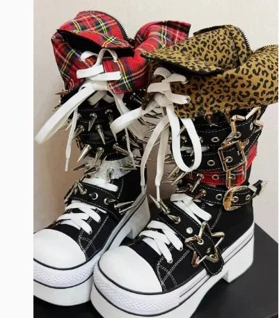 Canvas Patchwork Round Toe Belt Buckle Platform Knee-High Women Boots Height Increasing Sole Lace Up Design Large Size Shoes