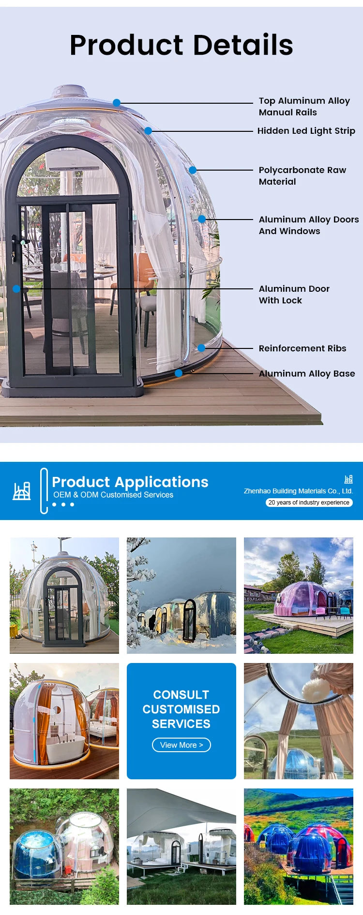 Clear Igloo Geodesic Dome Bubble Tent Detachable Modern Design Aviation Aluminum Alloy Sound Heat Insulation Bubble House