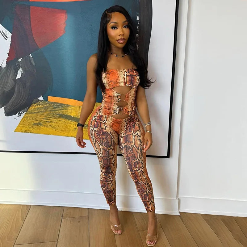 STYLISH LADY Snake Print Strapless Jumpsuits 2026 Women Hollow O Ring Sleeveless Bodycon Sexy Club Party Street Long Jumpsuit