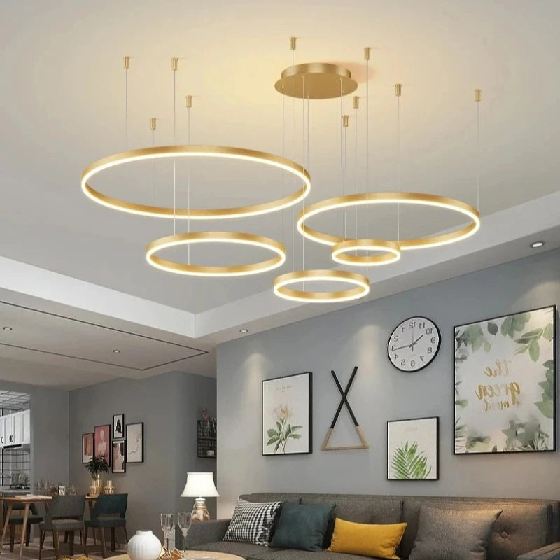 Modern Aluminum Rings Chandeliers Simple Acrylic LED Pendant Lights Living Dining Room Home Restaurant Decor Lighting Fixtures