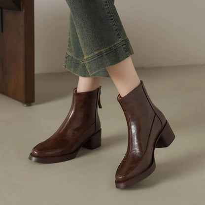 Plus Size 34-43 Cow Skin Round Toe Zipper High Heels Modern Motorcycles Boots Warm Winter Shoes Dating Retro Brand Ankle Boots
