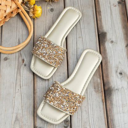 Glitter Bling Women Slippers Summer New Flat Beach Slippers Women Outdoor Luxury Sandals Designer Plus Size Shoes Slides Women