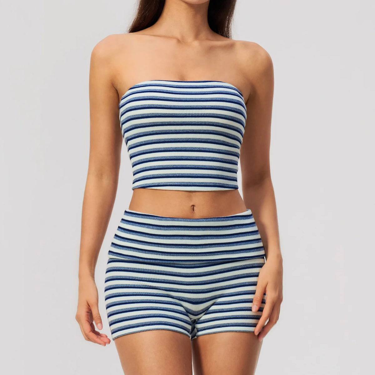 Women 2/3pcs Yoga Set Gym Clothing Fitness Suit Workout Tracksuit Outfits Ribbed Striped Strapless Tube Top Zipper Long Sleeve