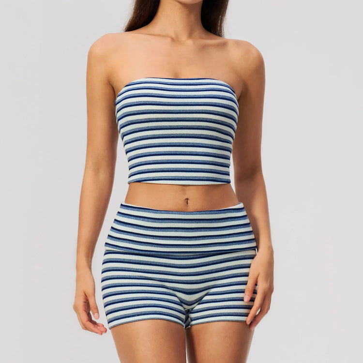 Women 2/3pcs Yoga Set Gym Clothing Fitness Suit Workout Tracksuit Outfits Ribbed Striped Strapless Tube Top Zipper Long Sleeve