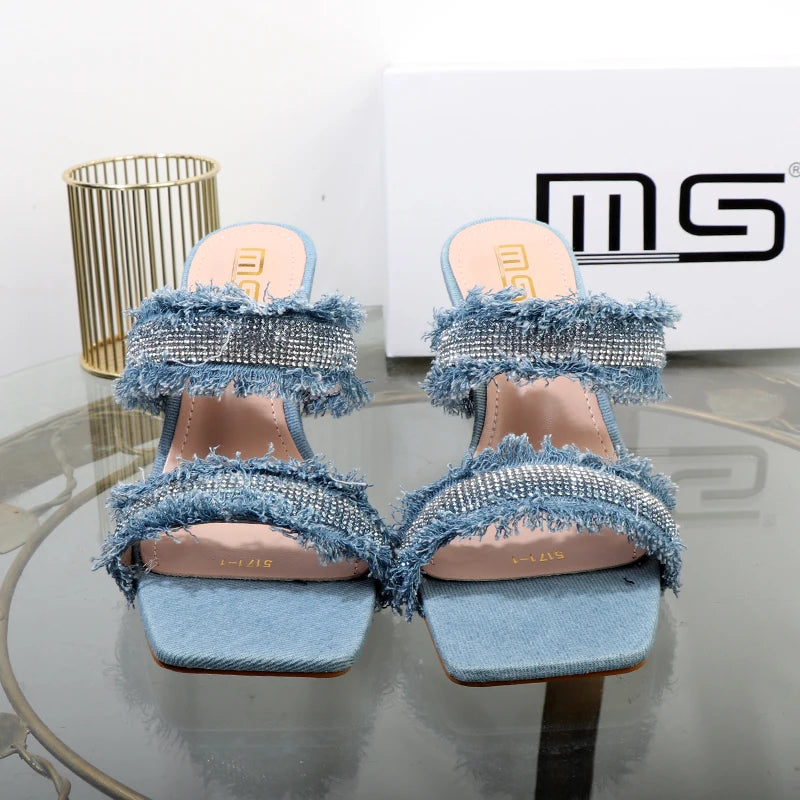 Denim women slippers 2025 new rhinestone plush stiletto heels women outdoor fashion women's slippers Luxury elegant women shoes