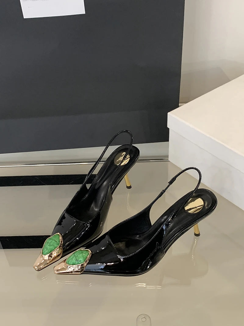 Liyke Fashion Design Inlay Gems Pointed Toe Patent Leather Sexy Slingback Sandals Women Pumps High Heels Wedding Banquet Shoes