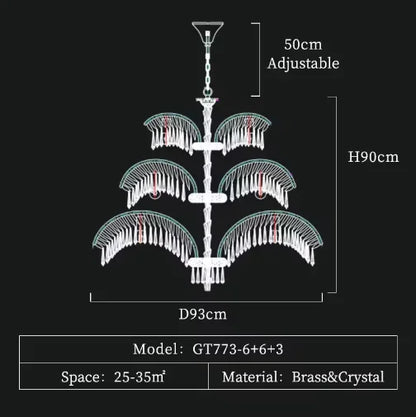Hand Carving Gold Brass Hanging Pendant Lights Villa Living Room Luxury Crystal Palm Chandelier