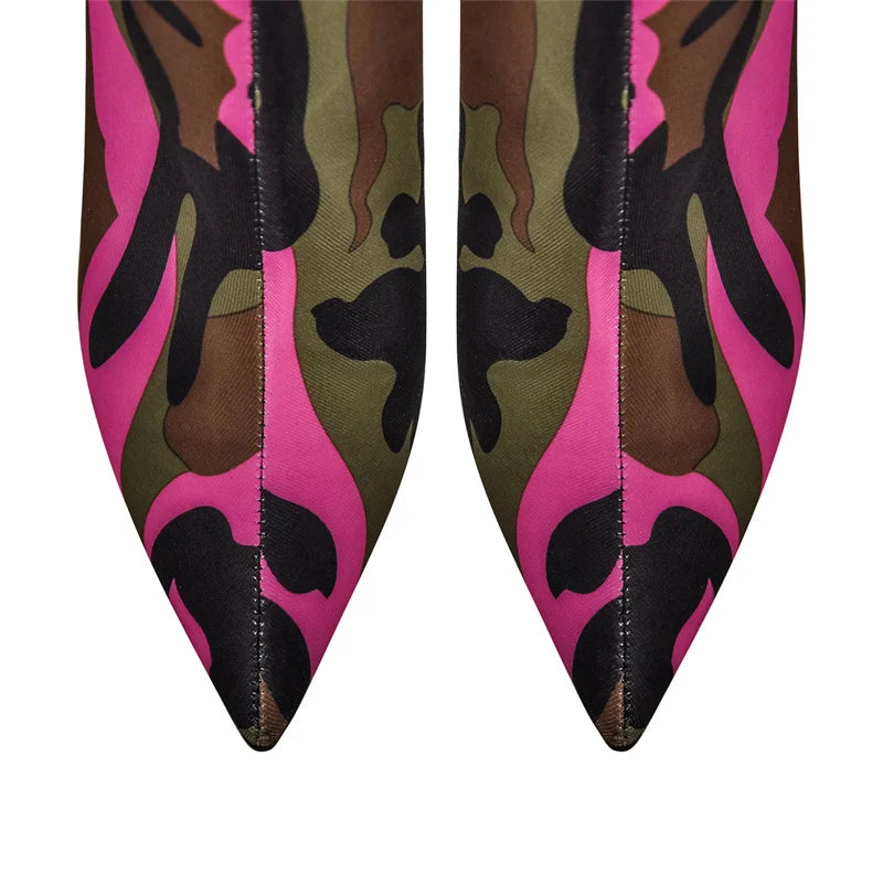 Onlymaker Womens Mixed Colors  CamouflageOver The Knee Boots Thin Heel Pointy Colorful Print  Thigh High Boots