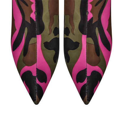 Onlymaker Womens Mixed Colors  CamouflageOver The Knee Boots Thin Heel Pointy Colorful Print  Thigh High Boots