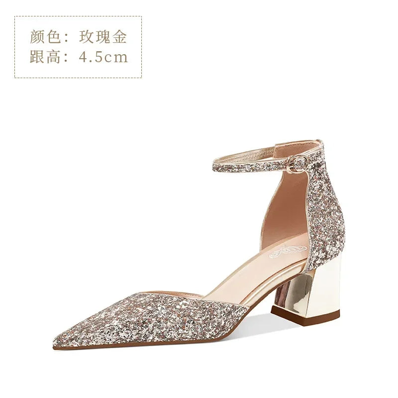 Luxury Silver Gold Sandals Women Summer Pointed Elegant Crystal High Heels Ladies Flip Flop Sequined Party Banquet Wedding Shoes